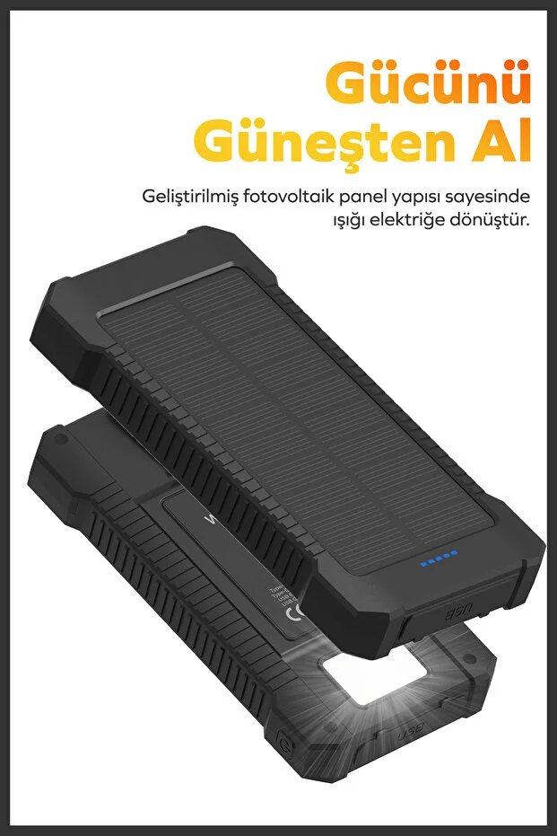 Güneş Enerjili Solar Powerbank 10000mah Led Işıklı Taşınabilir Batarya Şarj Cihazı Siyah